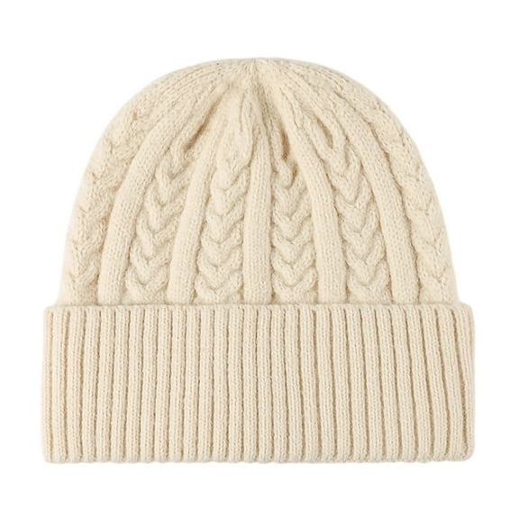 Men's Cable Knit Beanie Hat Thickened Fleece Lined Warm Winter Versatile Outdoor Hats Skull Cap Beige