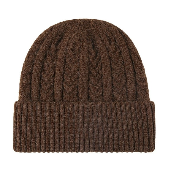 Men's Cable Knit Beanie Hat Thickened Fleece Lined Warm Winter Versatile Outdoor Hats Skull Cap Coffee