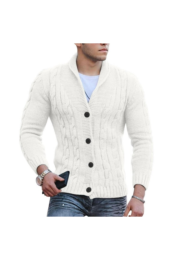 Men's Cable Knit Cardigan Sweater Shawl Loose Fit Long-Sleeved Casual Polyester