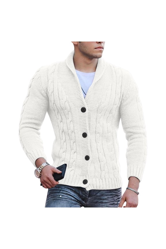 Men's Cable Knit Cardigan Sweater Shawl Loose Fit Long-Sleeved Casual Polyester