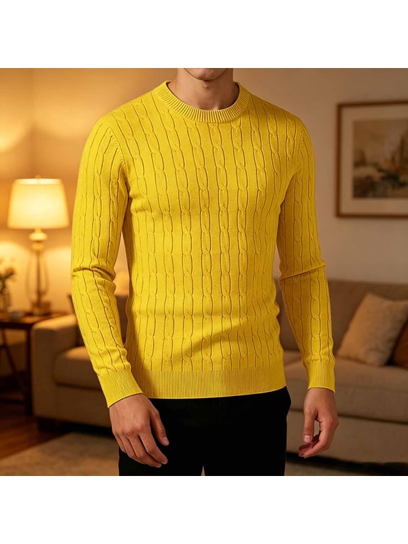 Men's Cable Knit Cotton Pullover Crewneck Sweater, Ribbed