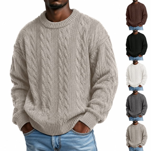 Men's Cable Knit Crew Neck Sweater, Long Sleeve Drop Shoulder Solid Color Pullover, Fall Winter Loose Fit Casual Streetwear Top Khaki L