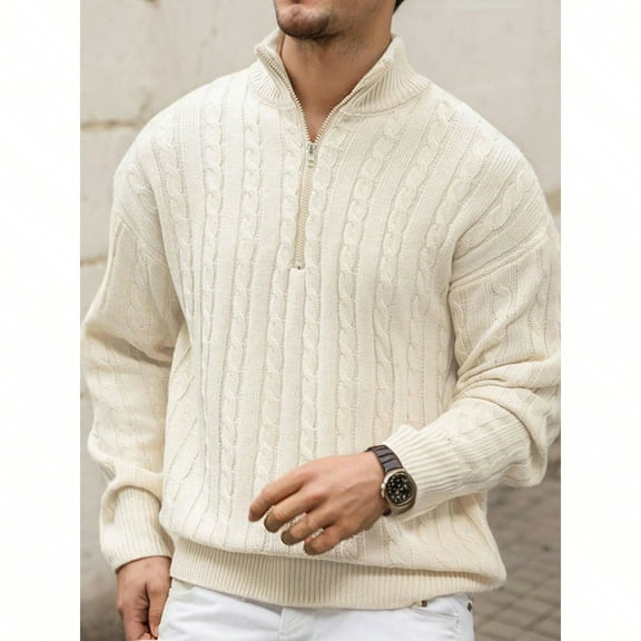 Men's Cable - Knit Half - Zip Sweater: 100% Acrylic for Casual & Layered Winter Looks