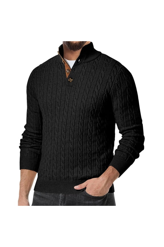 Men's Cable Knit Henley Sweater Long Sleeve Button Neck Casual Pullover Top
