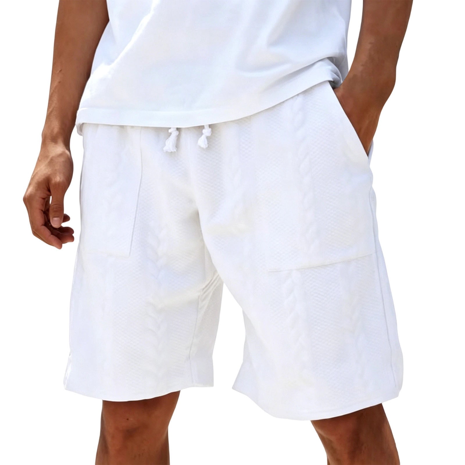 Men's Cable Knit Jacquard Casual Shorts 7-Inch, Elastic Waist Drawstring Textured Shorts with Side Pockets, Soft Breathable Summer Lounge Shorts White