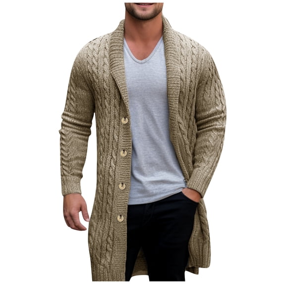 Men's Cable Knit Long Cardigan Button Front Shawl Collar Sweater Coat