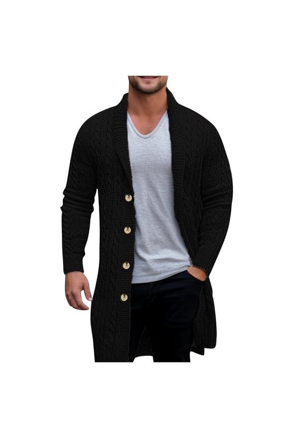 Men's Cable Knit Long Cardigan Button Front Shawl Collar Sweater Coat