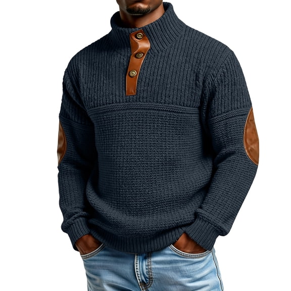 Men's Cable Knit Pullover Sweater Casual Long Sleeve Stand Collar Button Knitted Sweaters Navy 2XL