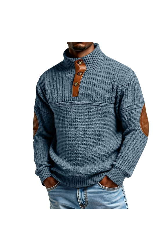 Men's Cable Knit Pullover Sweater Casual Long Sleeve Stand Collar Button Knitted Sweaters Royal Blue M