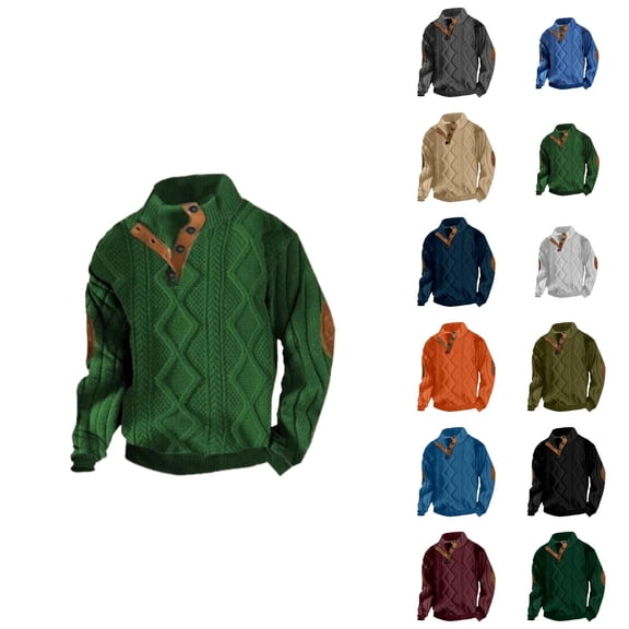 Men's Cable Knit Pullover Sweater Casual Long Sleeve Stand Collar Button Knitted Sweaters