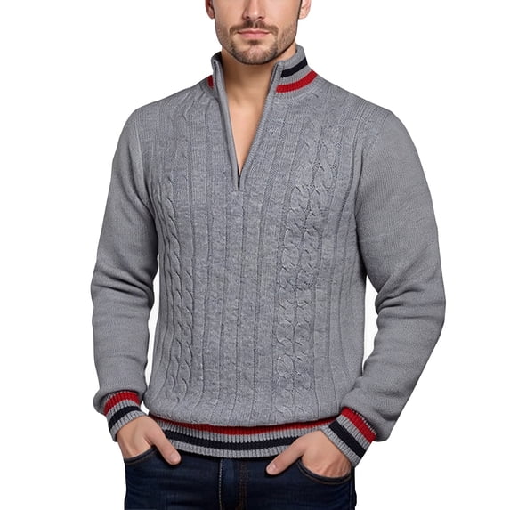 Men's Cable Knit Quarter Zip Mock Neck Sweater Long Sleeve Casual Pullover Top