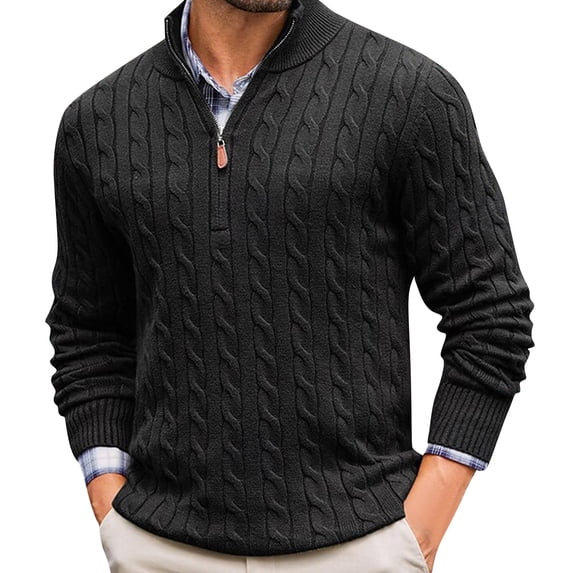 Men's Cable Knit Quarter Zip Sweater Mock Neck Long Sleeve Pullover Top
