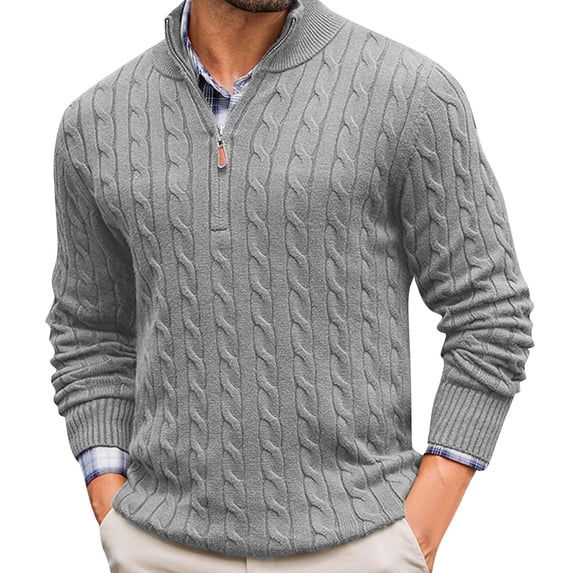 Men's Cable Knit Quarter Zip Sweater Mock Neck Long Sleeve Pullover Top