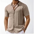 thumbnail image 1 of Men's Cable Knit Short Sleeve Shirt, Turn-Down Collar Button Sweater Cardigan, Dressy Casual T-Shirt Tops for Streetwear, Office, Daily Wear Khaki XXL, 1 of 5
