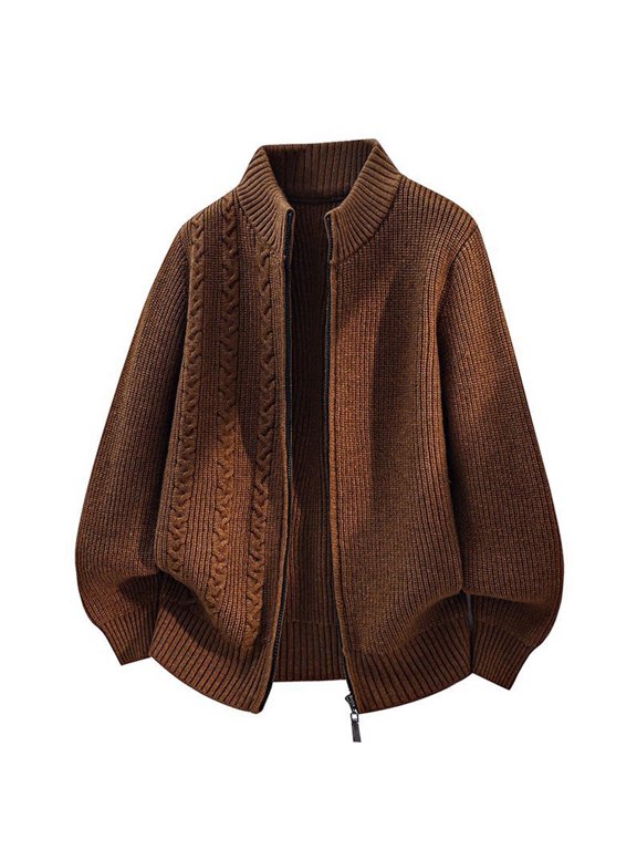 Men's Cable Knit Stand Collar Full Zip Sweater Jacket Solid Outerwear