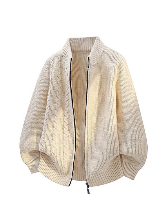 Men's Cable Knit Stand Collar Full Zip Sweater Jacket Solid Outerwear