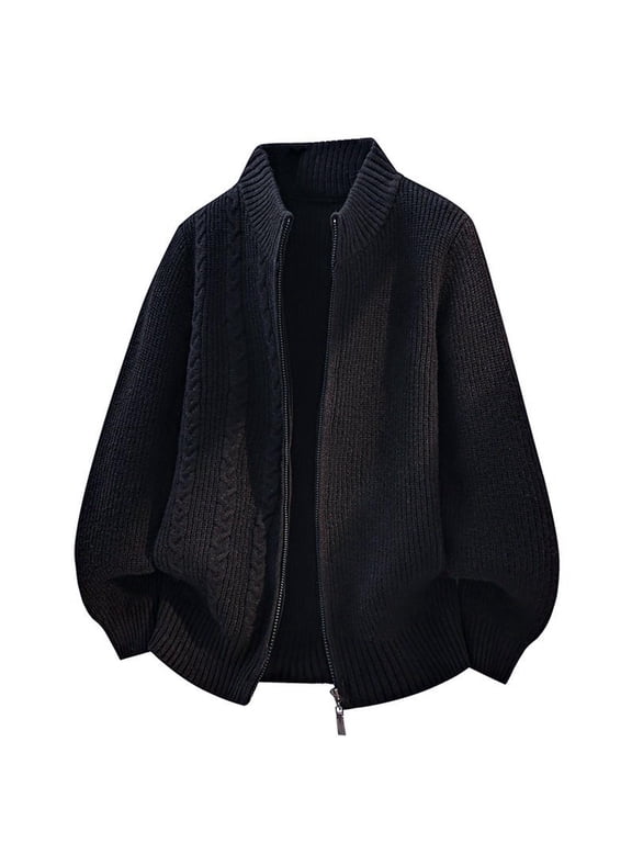 Men's Cable Knit Stand Collar Full Zip Sweater Jacket Solid Outerwear