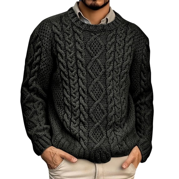 Men's Cable Knit Sweater Crew Neck Long Sleeve Pullover Casual Winter Top