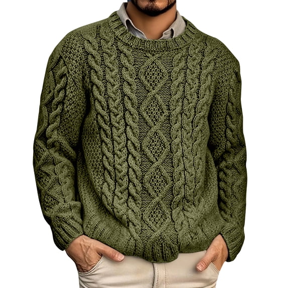 Men's Cable Knit Sweater Crew Neck Long Sleeve Pullover Casual Winter Top