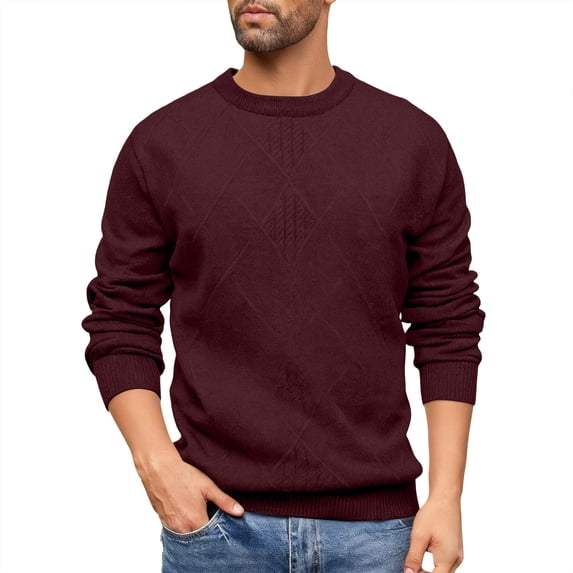 Men's Long Sleeve Sweater Crew Neck Pullover Tops Comfy Loungewear with Ribbing Edge Wine 4XL