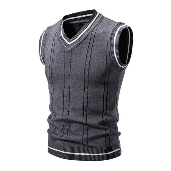 Men's Cable Knit Sweater Vest Preppy Style Striped Trim V Neck Sleeveless Sweater Tops Trendy Business Casual Formal Top