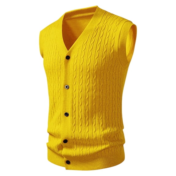 Men's Cable Knit Sweater Vest Wool Blend V Neck Button Down Sleeveless Cardigan Vest Big and Tall Size 5XL Yellow