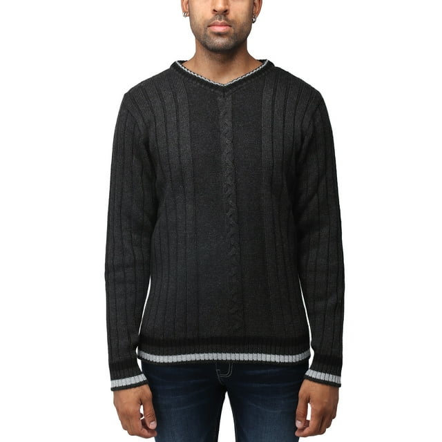 Men's Cable Knit Tipped VNeck Sweater