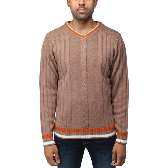 X RAY JEANS Mens Cable Knit Tipped V-Neck Sweater, Praline, S