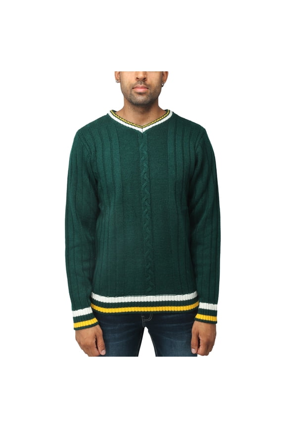 JEANS Mens Cable Knit Tipped V-Neck Sweater, Rain Forest, XL