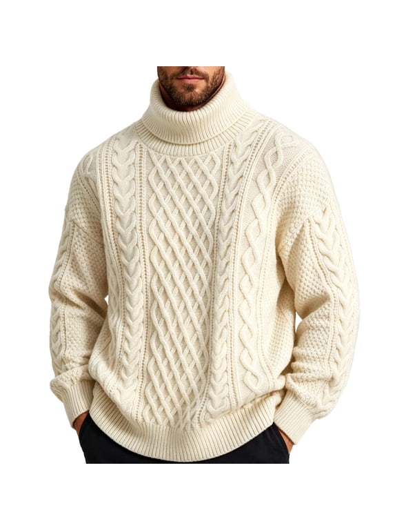 Men's Cable Knit Turtleneck Sweater, Thick Long Sleeve Pullover, Solid Textured High Neck Knitted Jumper for Fall Winter