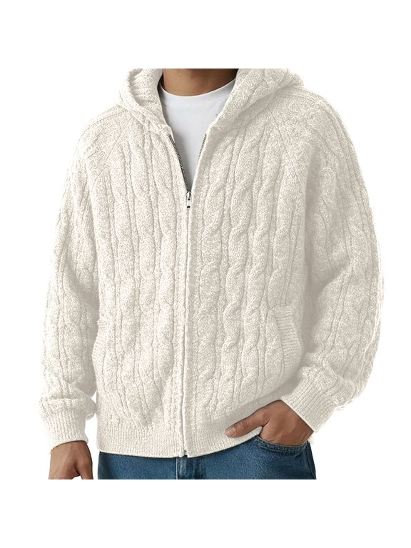 Men's Cable Knit Zip Up Hooded Full Zip Long Sleeve Hoodie Sweater Casual Knitted Outer Top for Fall Winter