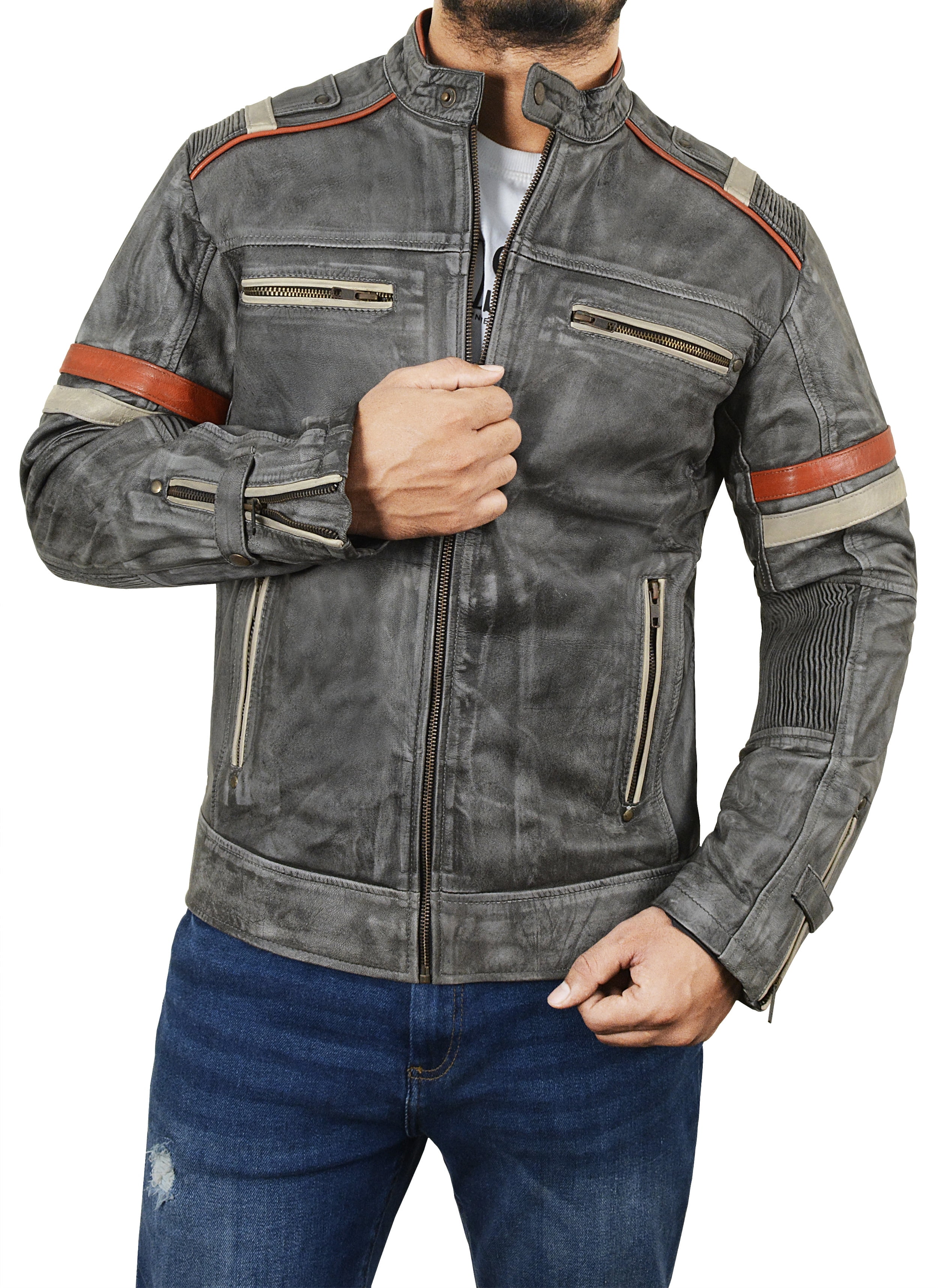 Men's Distressed Leather Cafe Racer Biker Jacket curacao Ubuy