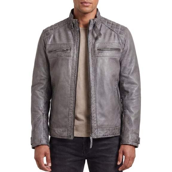 Vance Leather Men's Cafe Racer Waxed Lambskin Distressed Gray Motorcycle Leather Jacket (Medium)