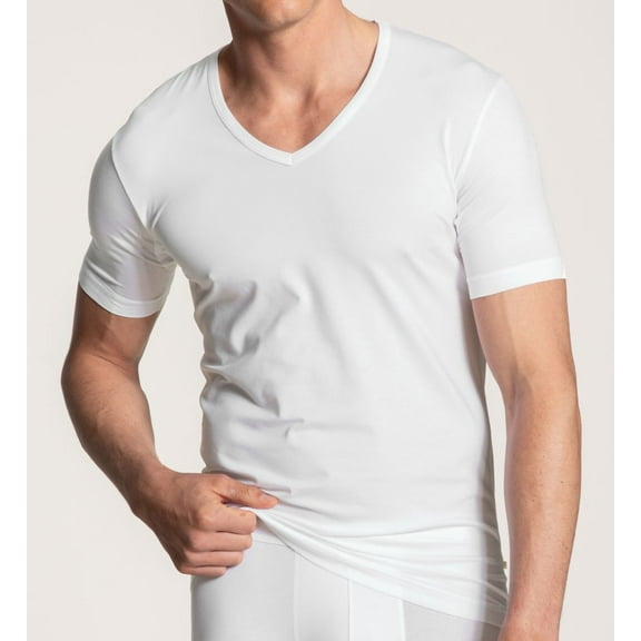 Men's Calida 14086 Focus Basic Business V-Neck Shirt (White M)