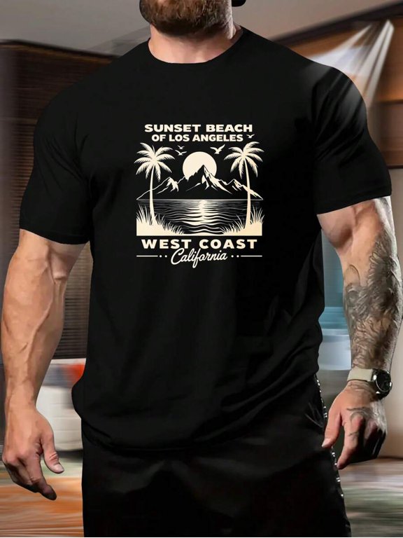 Men's California Beach T-Shirt - Los Angeles & West Coast Surf Style With Palm Tree & Sunset Print, Casual Short Sleeve Round Neck Tee For Gym, Outdoor, Vacation - To San Diego Surf Culture Apparel