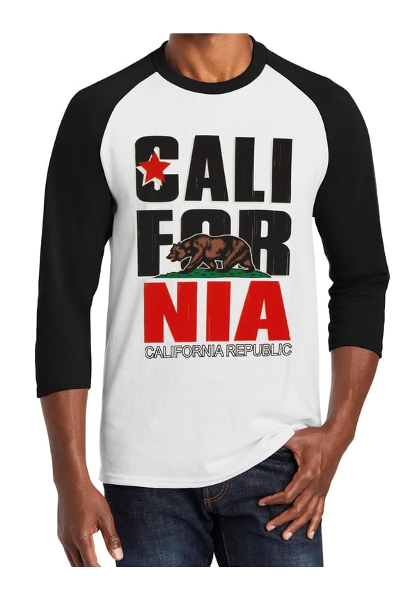 Men's California Republic Bear Logo Half-Sleeve Baseball Raglan 3/4 Sleeve T-Shirt, Black/White 2XL