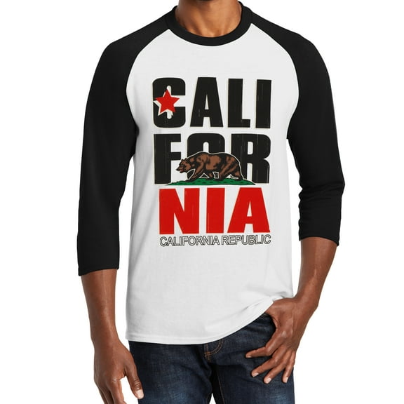 Men's California Republic Bear Logo Half-Sleeve Baseball Raglan 3/4 Sleeve T-Shirt, Black/White Small