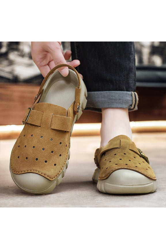 Men's Camel Breathable Perforated Clogs, Convertible Slip-On Sandals with Adjustable Buckle