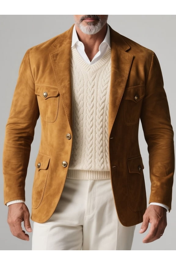 Men's Camel Suede-Like Casual Blazer, Button-Down Notch Lapel Light Business Multi-Pocket Suit Jacket