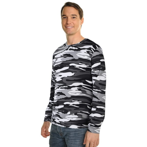 Men’s Camo Brushed Fleece Long-Sleeve Crewneck Thermal Tops, Camo Grey - L
