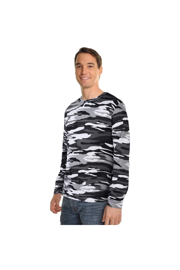 Men’s Camo Brushed Fleece Long-Sleeve Crewneck Thermal Tops, Camo Grey - L