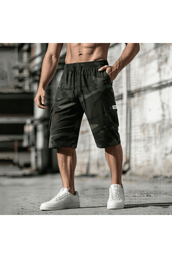 Men's Camo Cargo Capri Shorts Elastic Waist Drawstring Casual 7/8 Cropped Pants with Multi Pockets Green XL