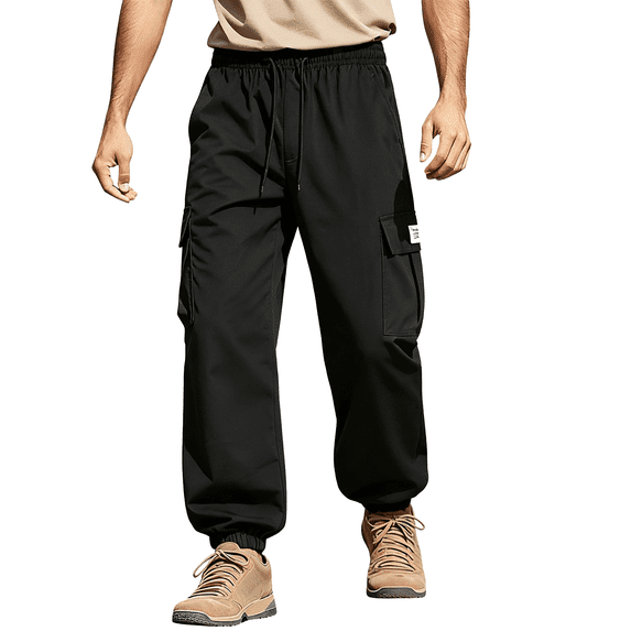 Men's Camo Cargo Jogger Pants Drawstring Elastic Waist Multi Pocket Lightweight Outdoor Hiking Trousers