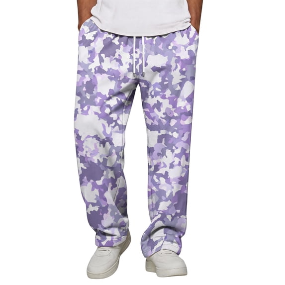 Men's Camo Cargo Pants Casual Elastic Drawstring Waist wide Leg Pants Lightweight Outdoor Hiking Relaxed Fit trousers with Multi Pockets Light Purple M