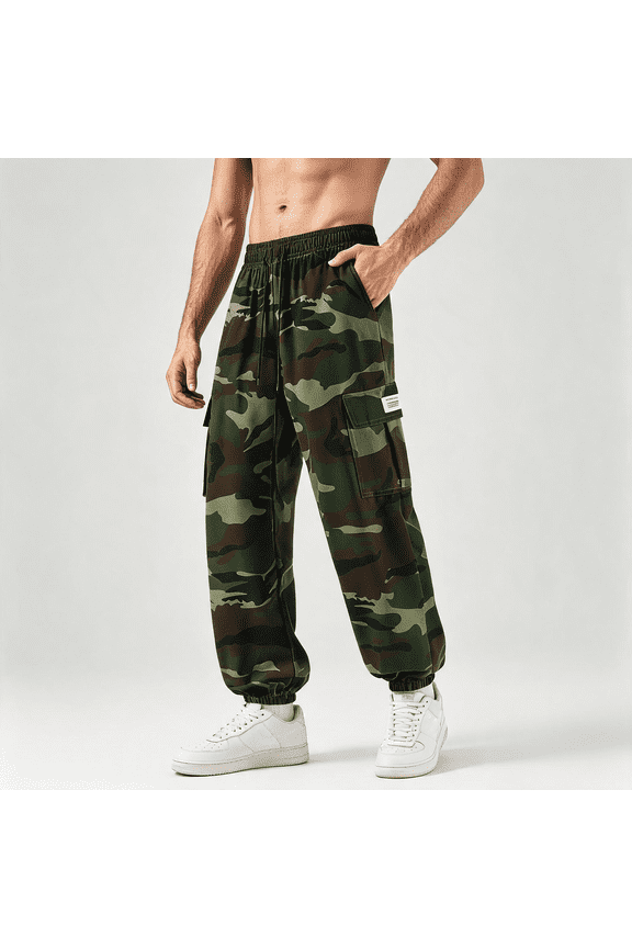 Men's Camo Cargo Pants Elastic Waist Lightweight Joggers Outdoor Tapered Multi-Pocket Sweatpants