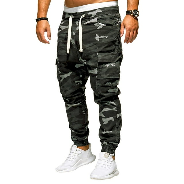Men's Camo Cargo Pants Elastic Waist Multi Pockets Drawstring Jogger
