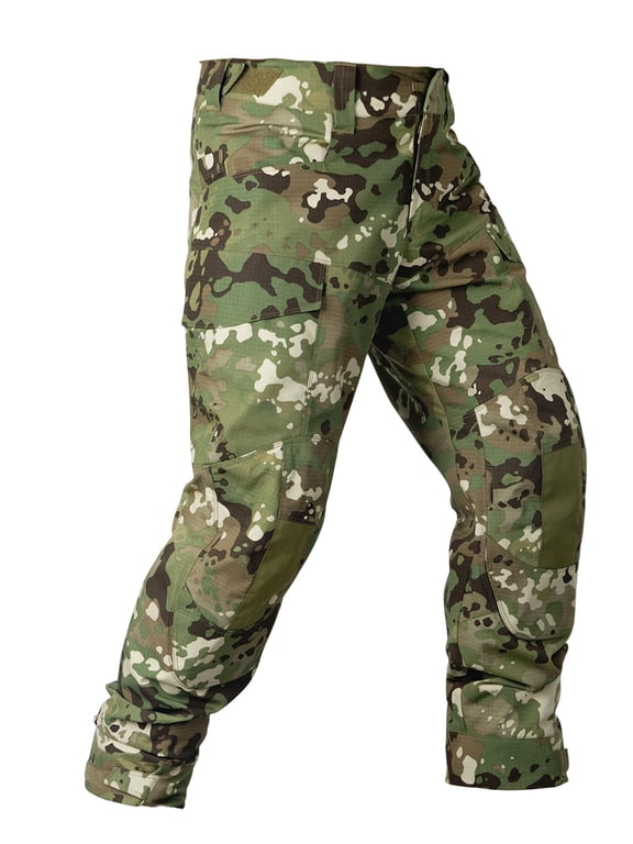 Men's Camo Cargo Pants, Water Resistant Hiking Work Pants with Multi-Pockets, Outdoor Ripstop Camouflage Trousers (No Knee Pads)