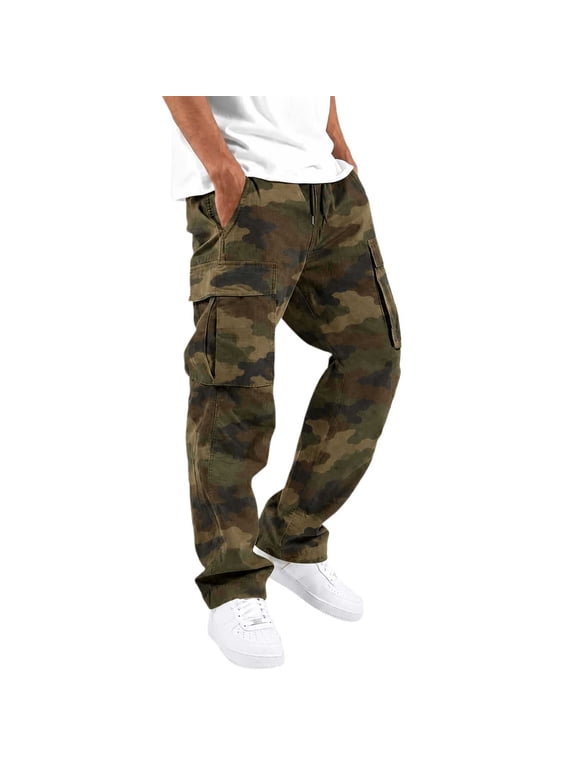 Men's Camo Cargo Pants with Pockets Drawstring Elastic Waist Loose Fit Wide Leg Trousers Casual Streetwear for Daily Wear Outdoor