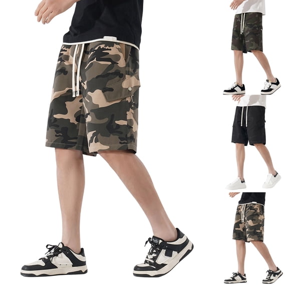 Men's Camo Cargo Shorts 7/8 Length Lightweight Loose Fit with Multiple Pockets for Summer Work Outdoor Hikes Casual Wear Beach Days or Yard Work Black XL