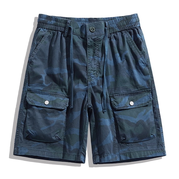 Men's Camo Cargo Shorts Button Closure Cotton Shorts Multi Button Pockets Casual Shorts 6 Pockets Dark Blue M